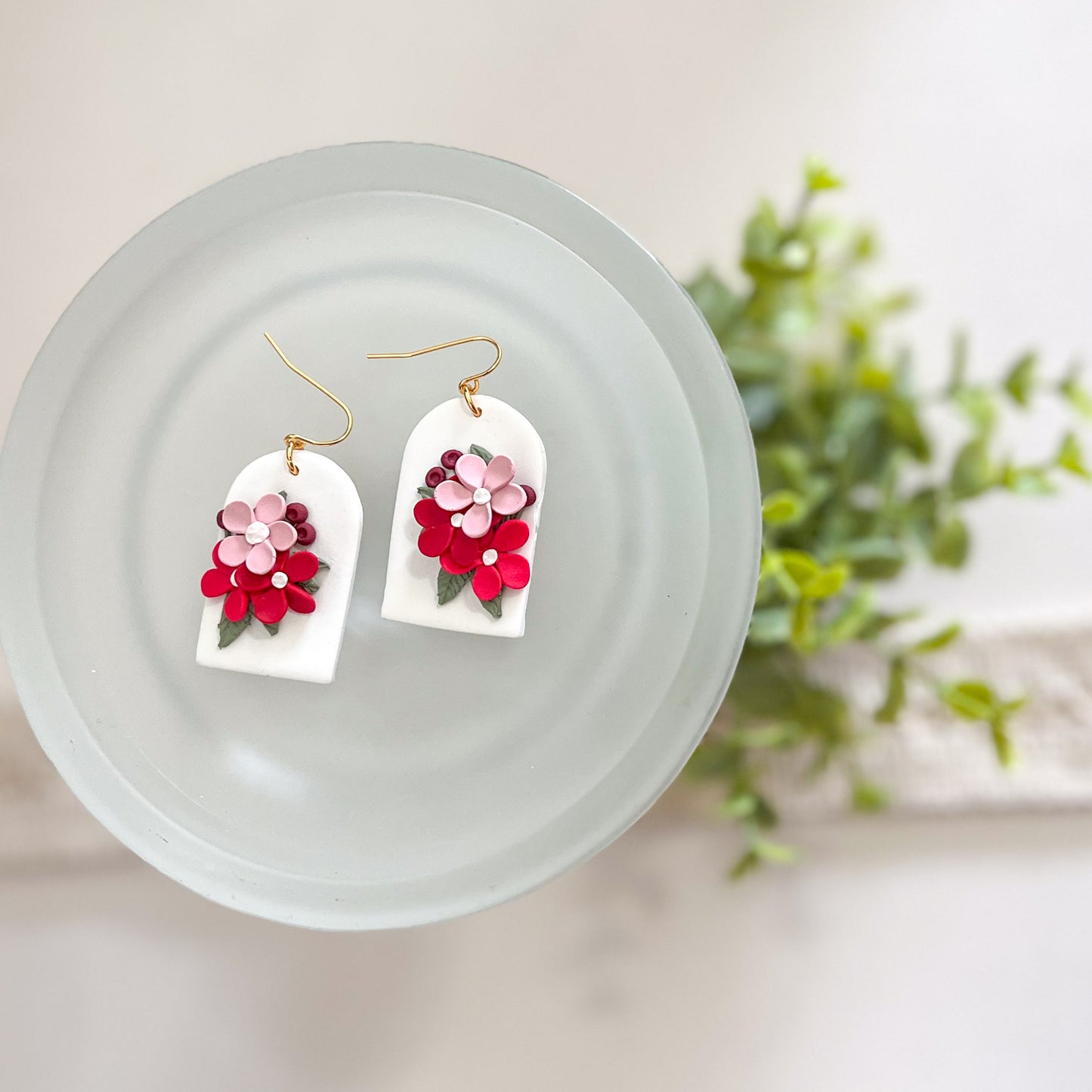 White and pink floral arch earrings | 18k gold plated