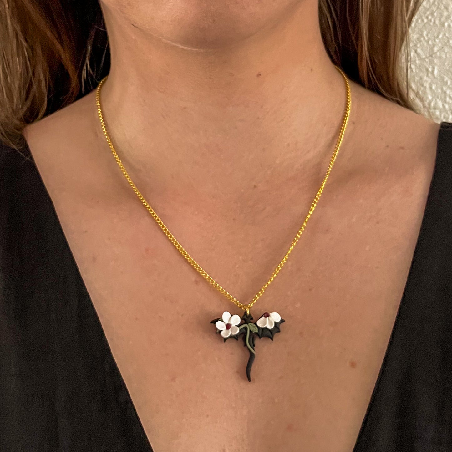 Small black dragon necklace with white floral details | 18" chain