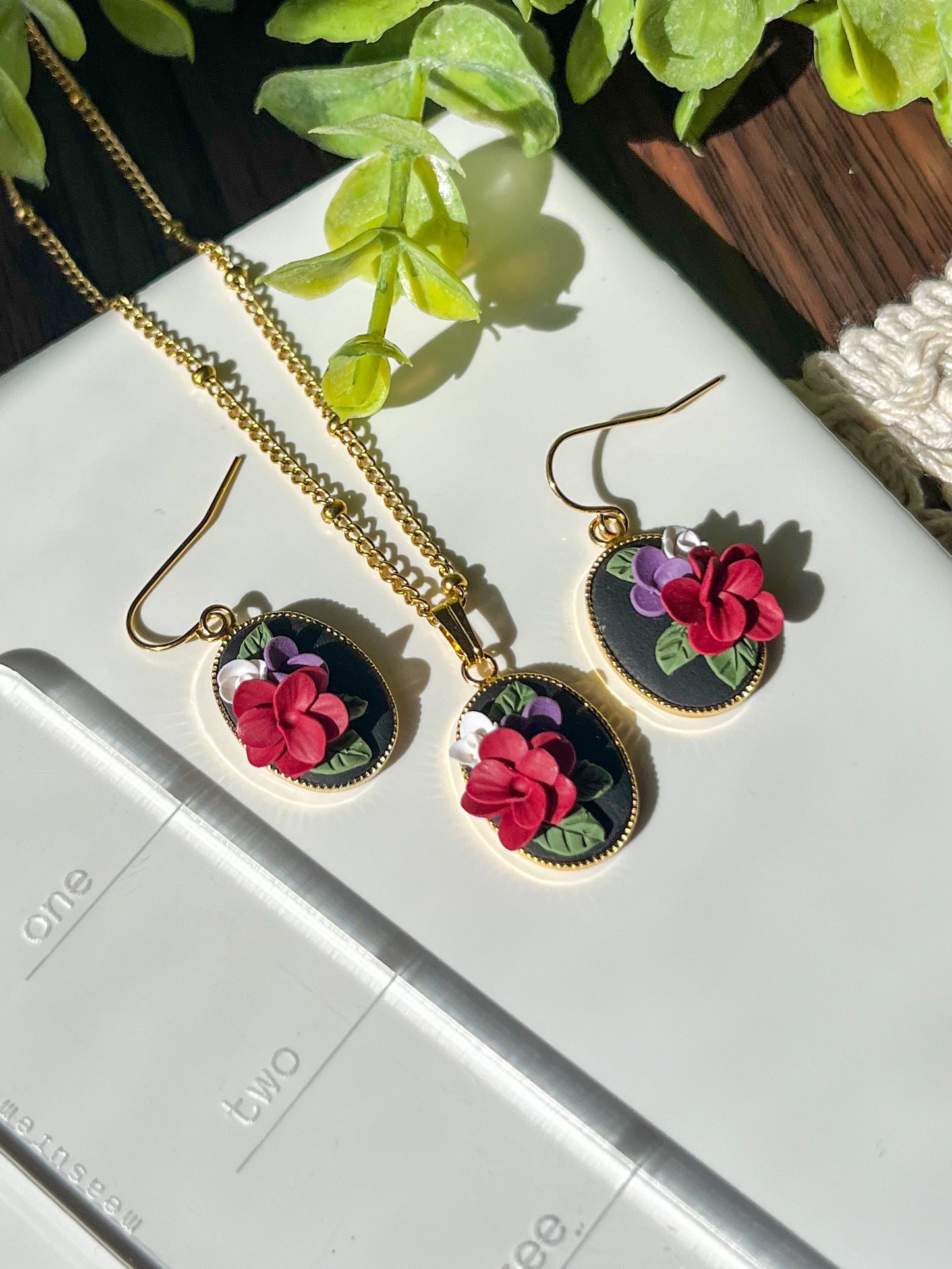Dainty black floral jewelry set (earrings and/or necklace) | multiple metals