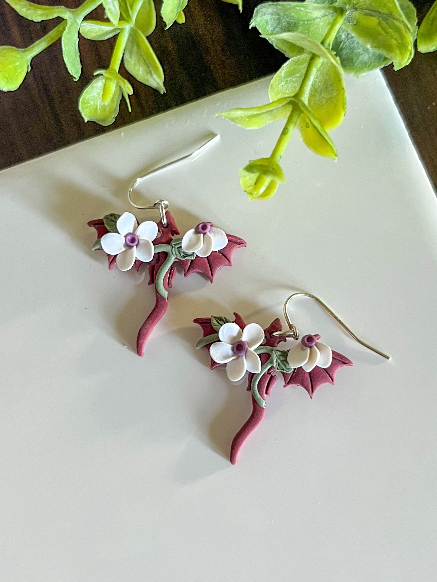 Maroon dragon earrings | sterling silver