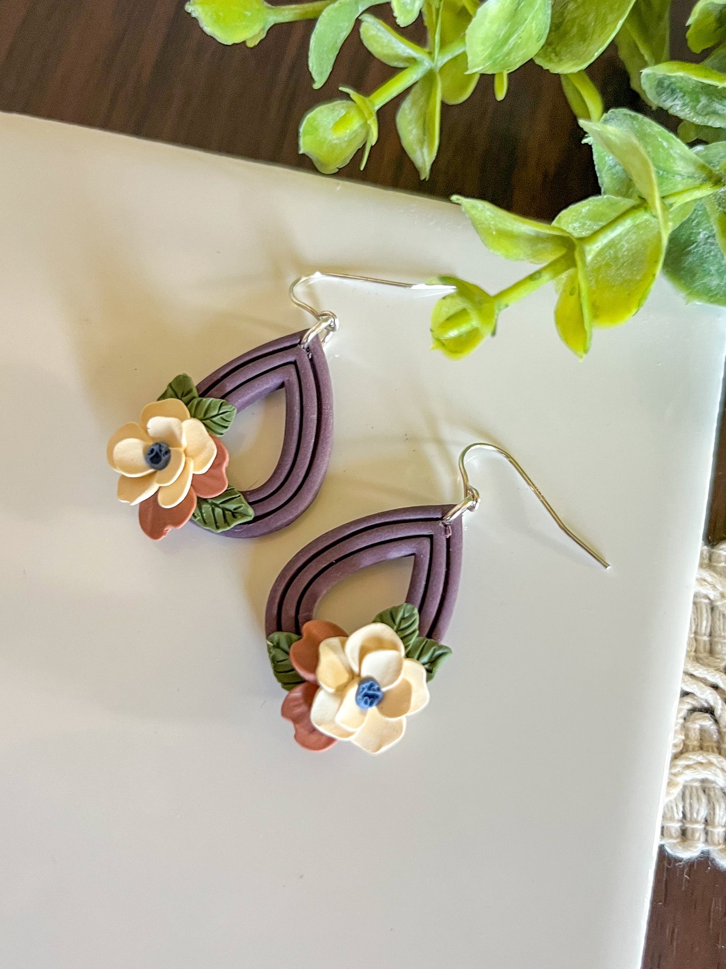 Purple teardrop floral earrings | sterling silver