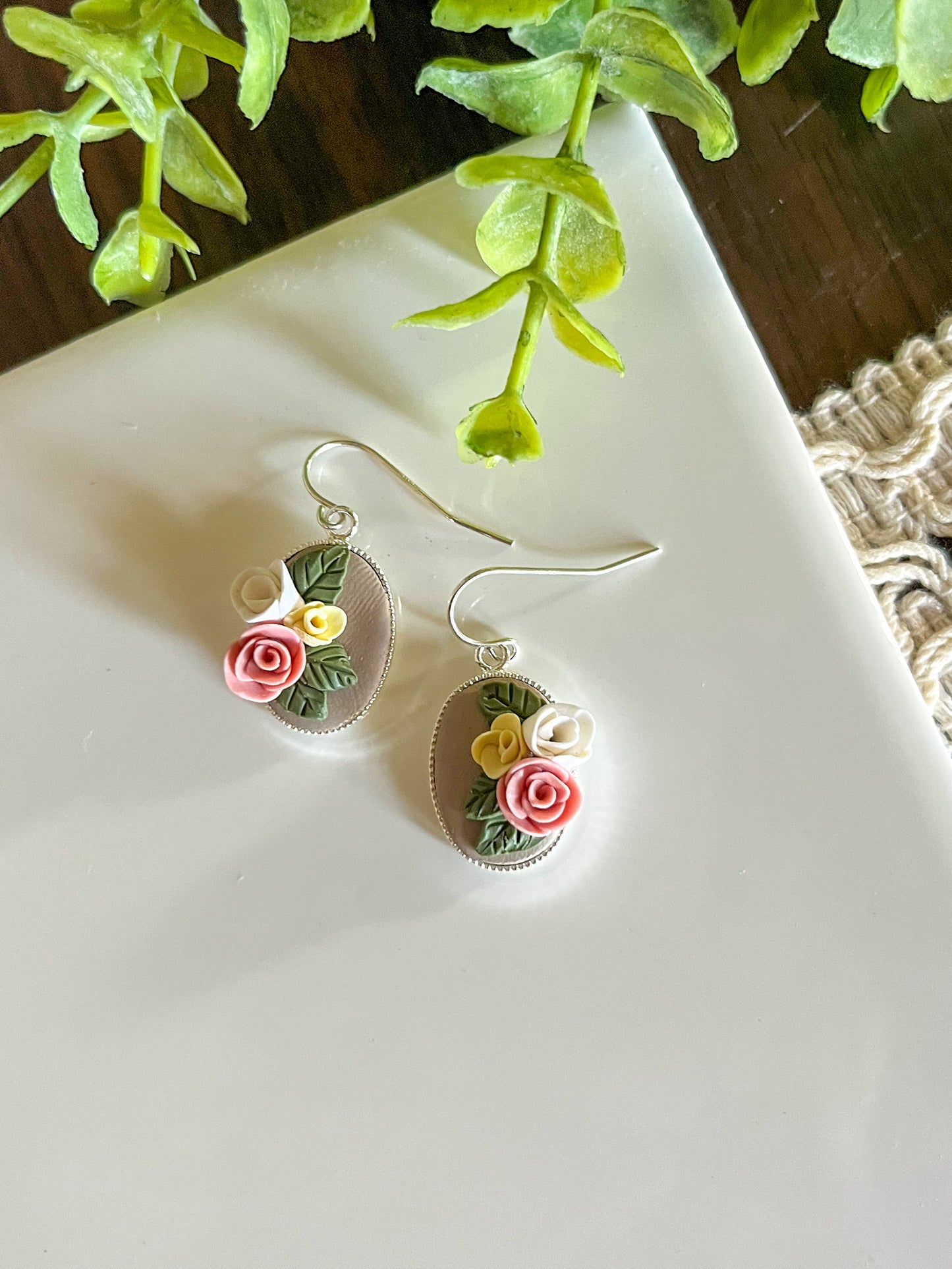 Pink, white, and yellow rose earrings | sterling silver