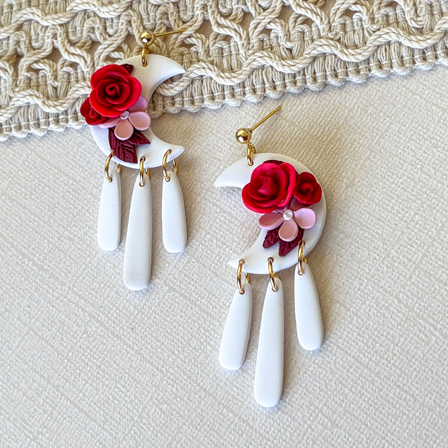 White moon earring with pink flowers | 24k gold plated