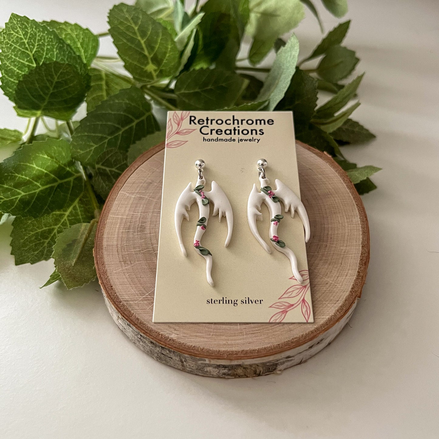 White floral dragon earrings |sterling silver