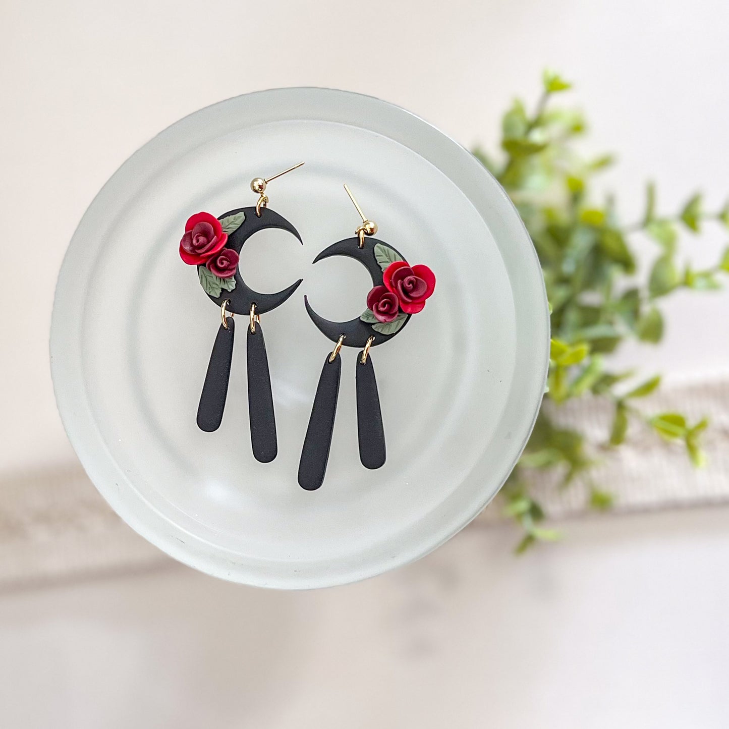 Black moon earring with red flowers | 24k gold plated