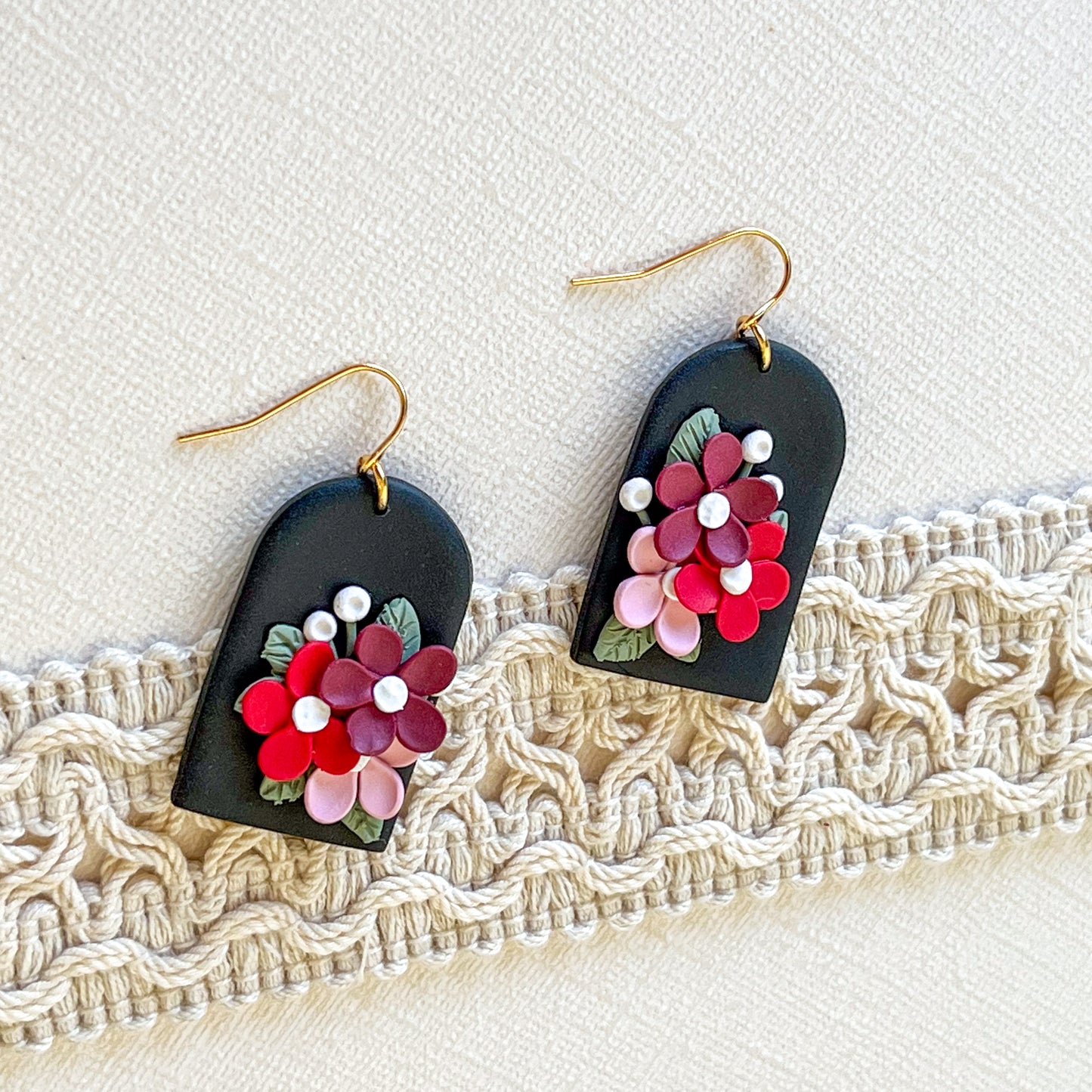 Black and red floral arch earrings | 18k gold plated