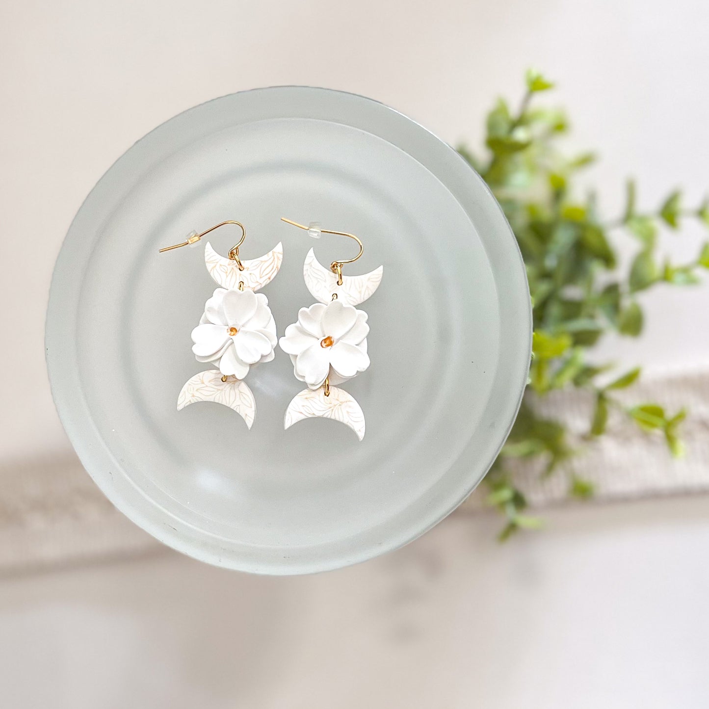 white and gold floral moon earrings | 24k gold plated