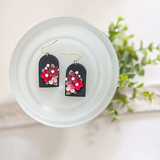 Black and red floral arch earrings | 18k gold plated