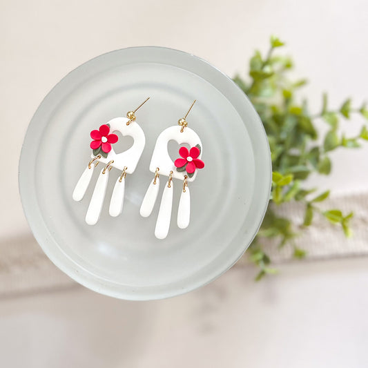 White heart earrings with pink flowers | 24k gold plated