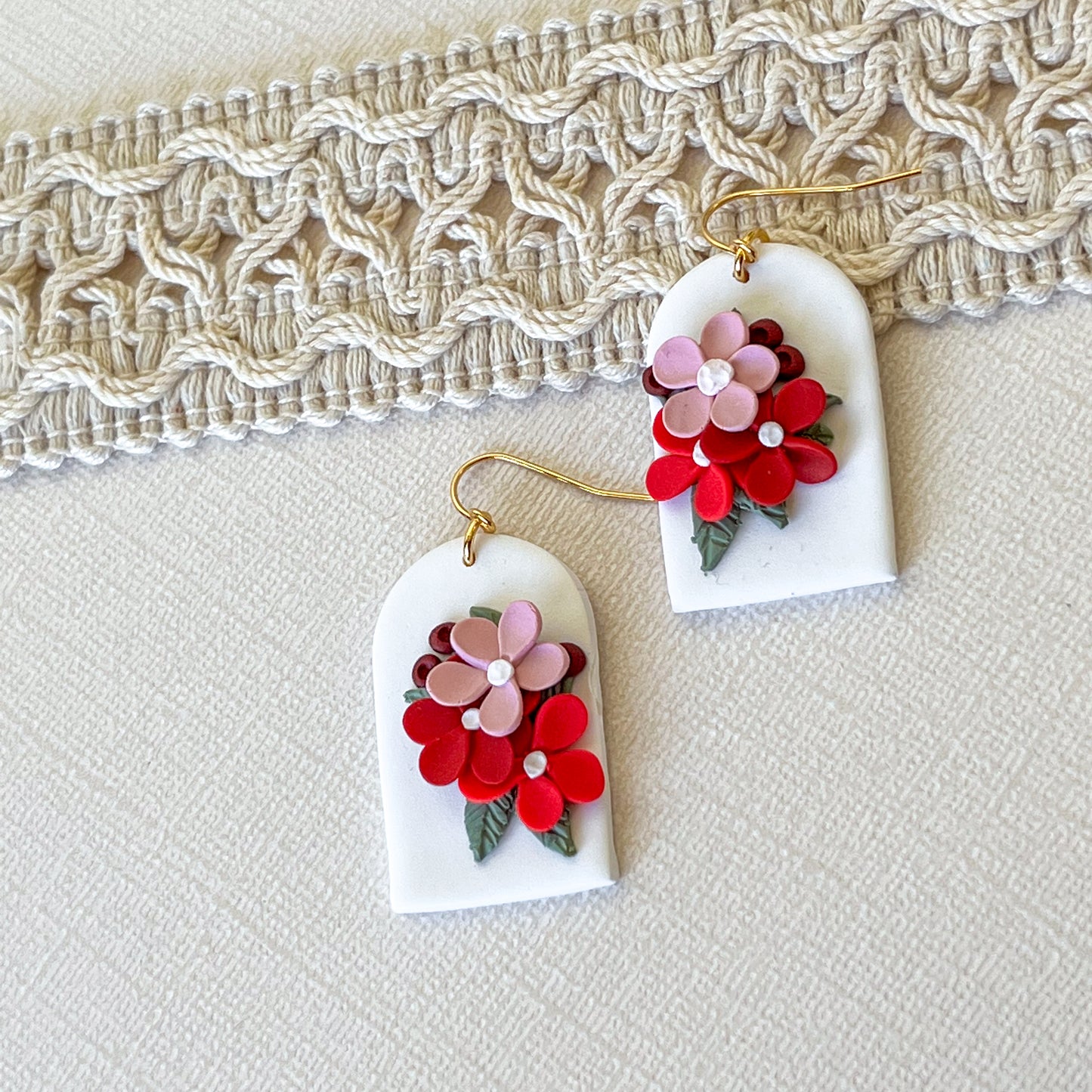 White and pink floral arch earrings | 18k gold plated