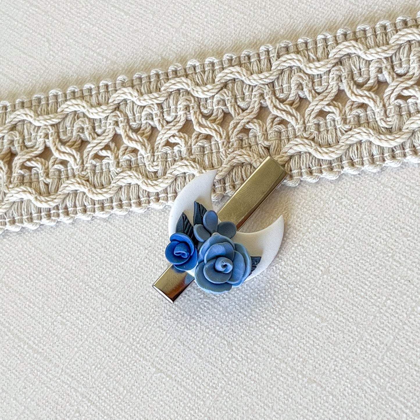 White moon hair clip with blue floral details | 1.75" alligator clip