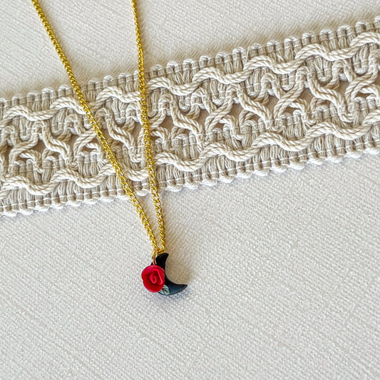 Dainty black moon necklace with rose