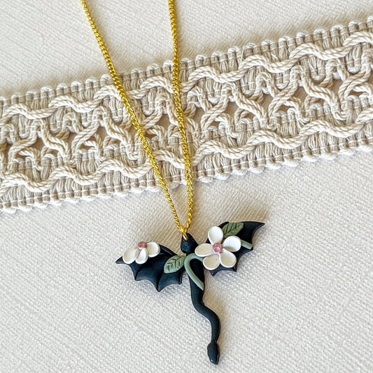 Black dragon necklace with white floral details | 18" chain