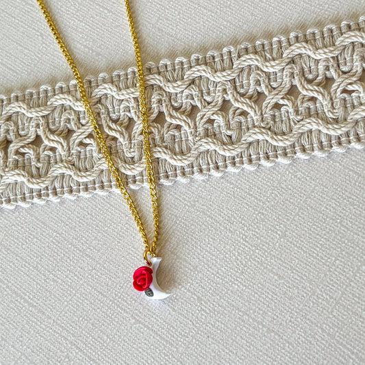 Dainty white moon necklace with rose