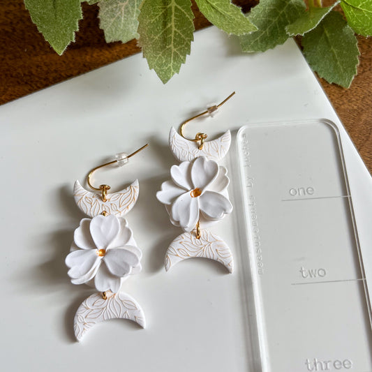 white and gold floral moon earrings | 24k gold plated