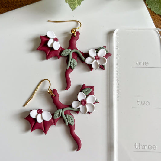 Red dragon earring with white floral details | 18k gold plated