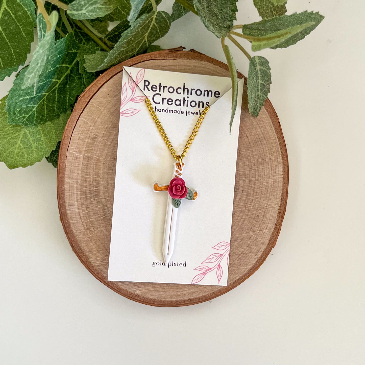 White sword necklace with rose | 18" chain