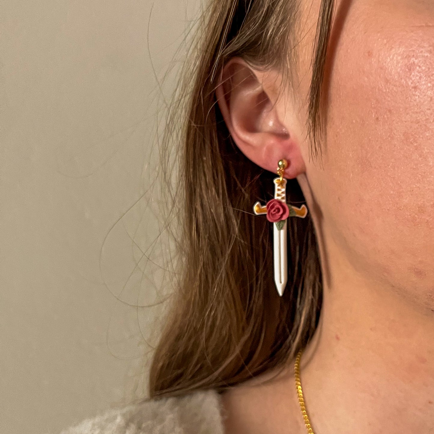 White sword earring with rose | 24k gold plated