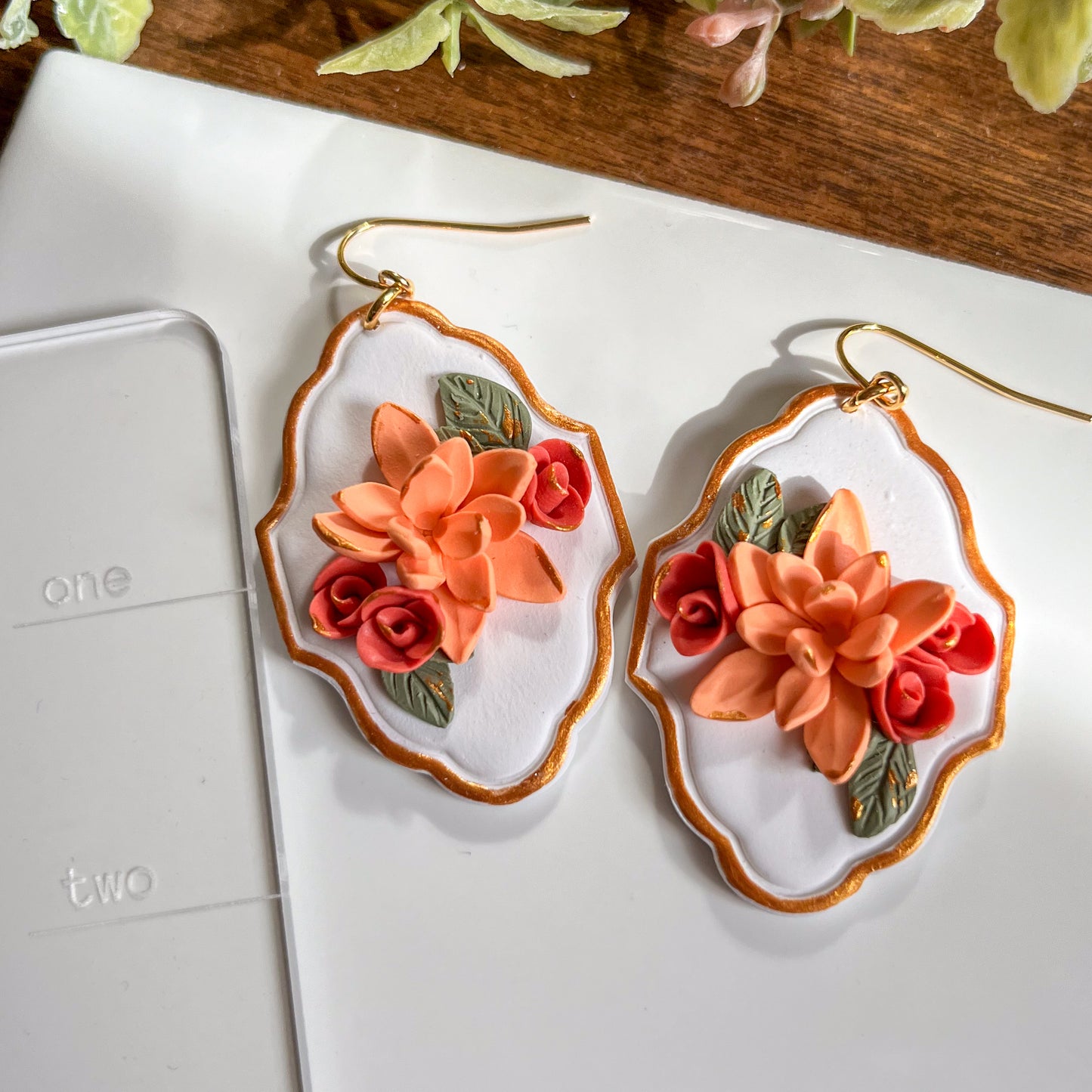 Orange floral frame earrings | 18k gold plated
