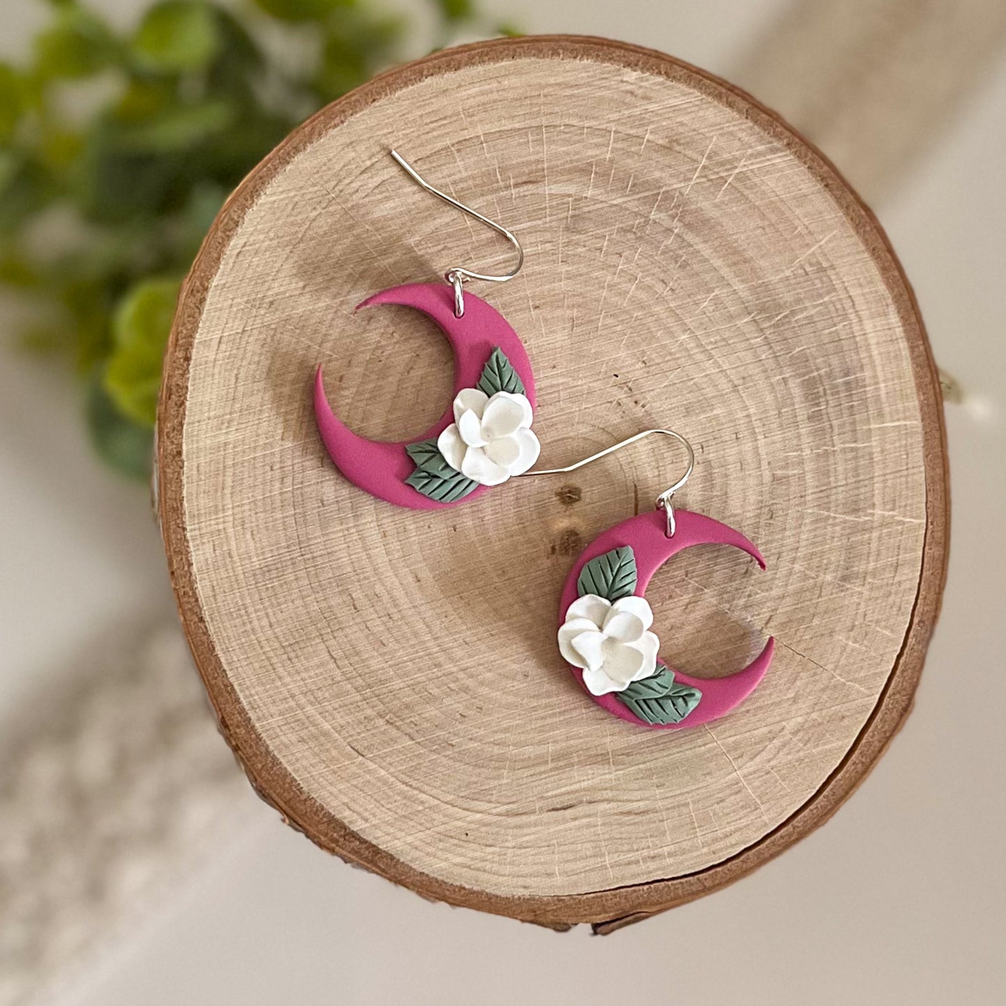 Pink crescent moon earrings | sterling silver