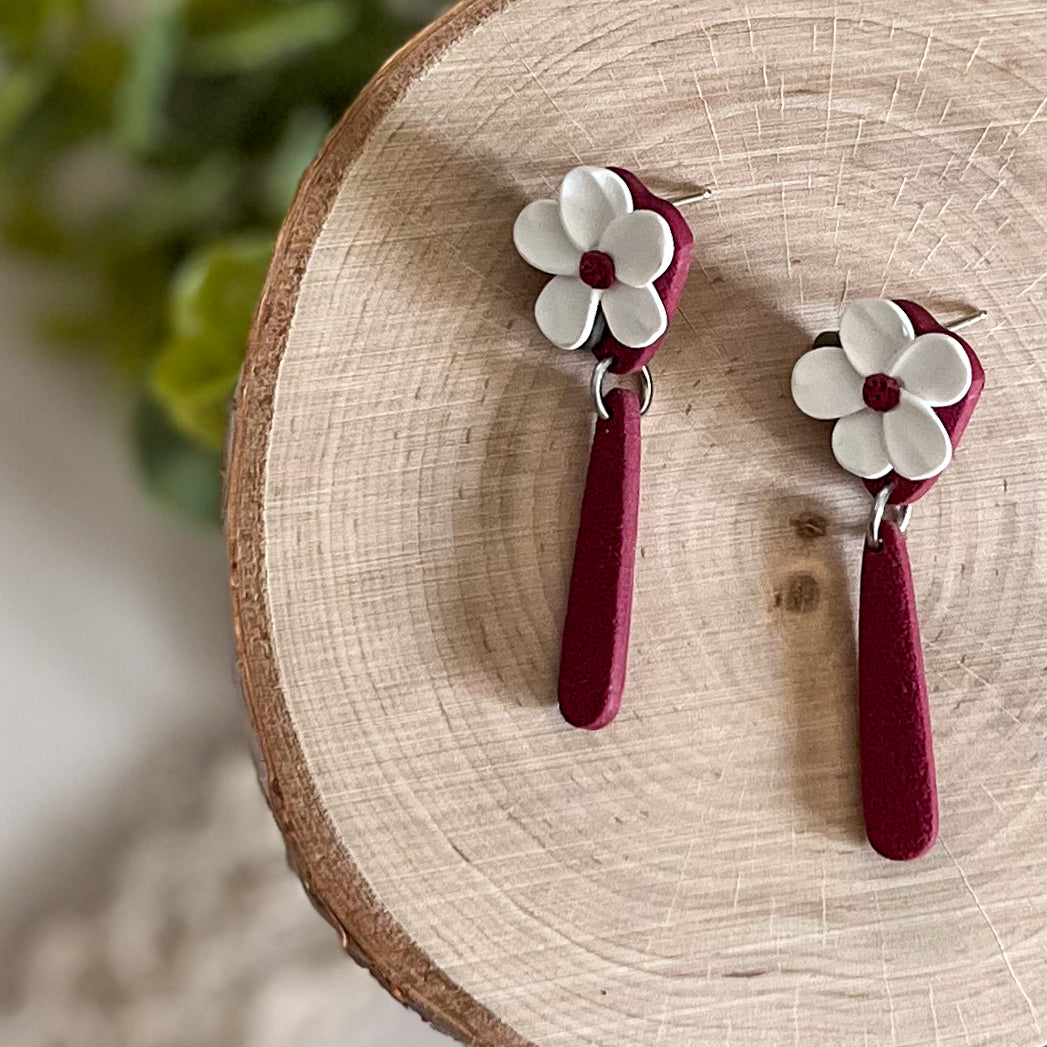 Maroon floral dangles | sterling silver