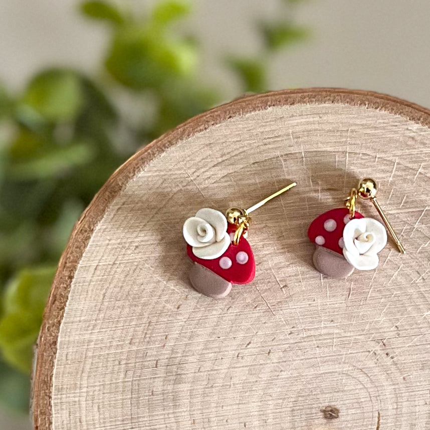 Red mushroom dainty earrings | 24k gold plated