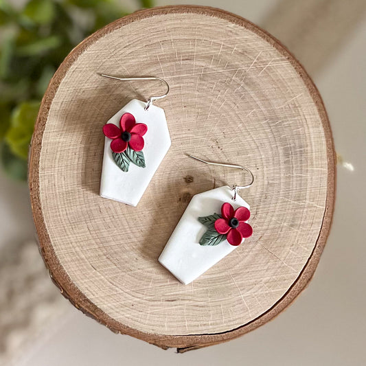 White coffin earrings with red flower | sterling silver