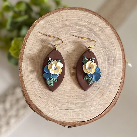 Brown and blue floral earrings | 18k gold plated