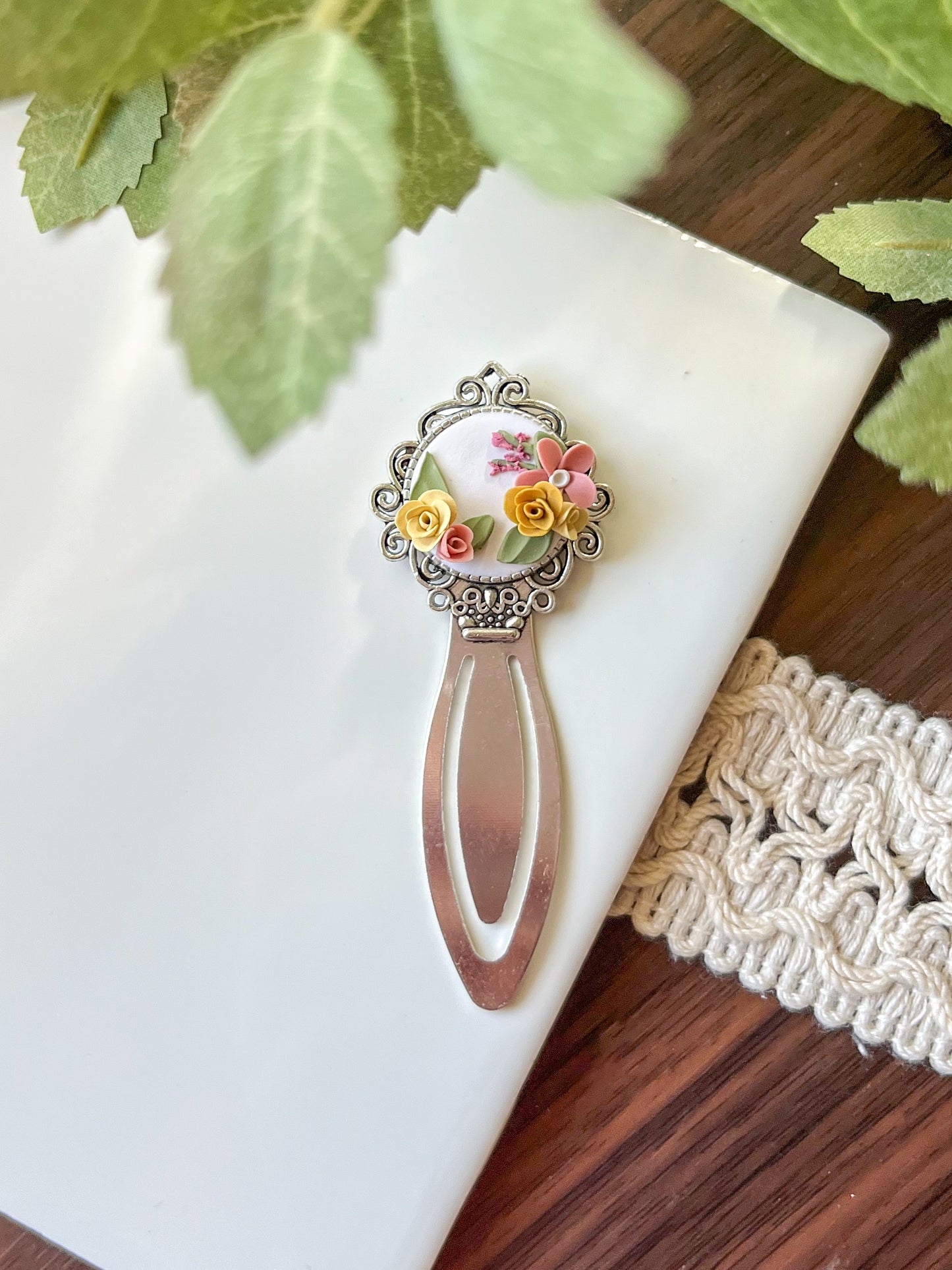 White, pink, and yellow floral bookmark (long)