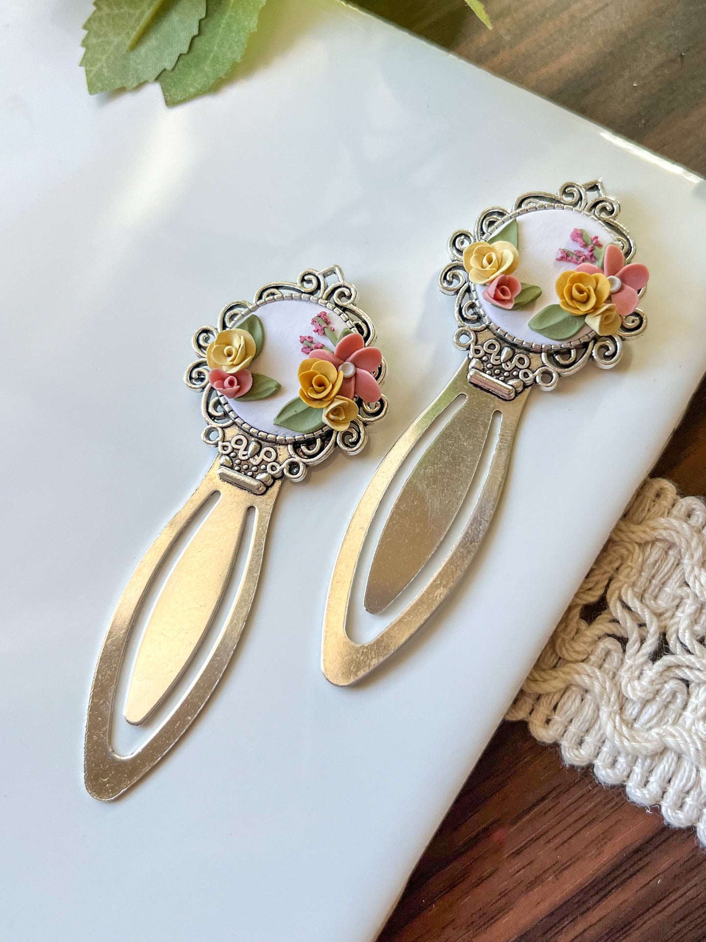 White, pink, and yellow floral bookmark (long)