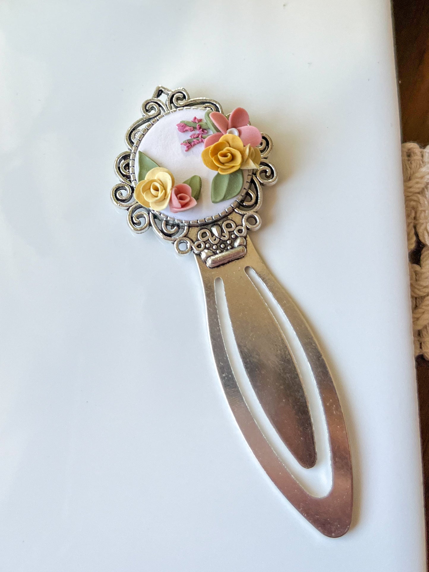 White, pink, and yellow floral bookmark (long)