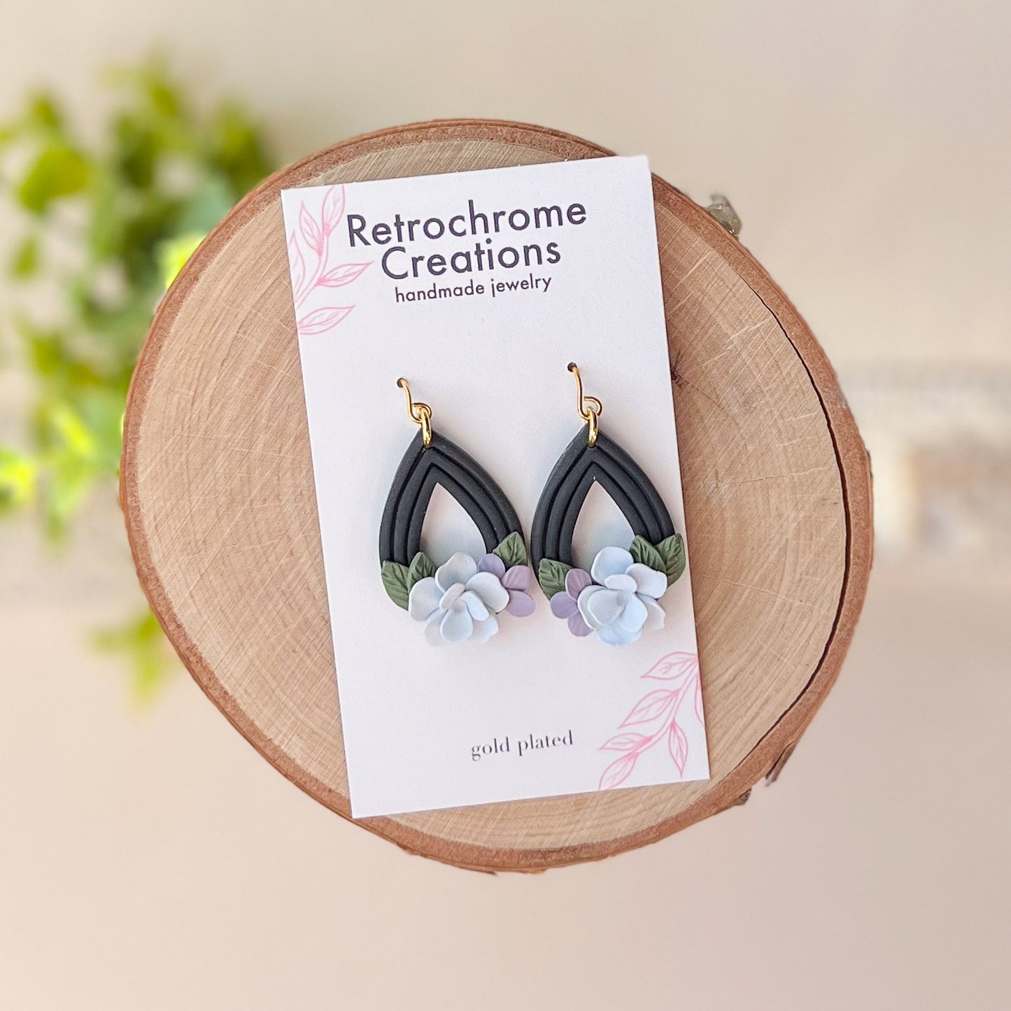 Black floral teardrop earrings | 18k gold plated