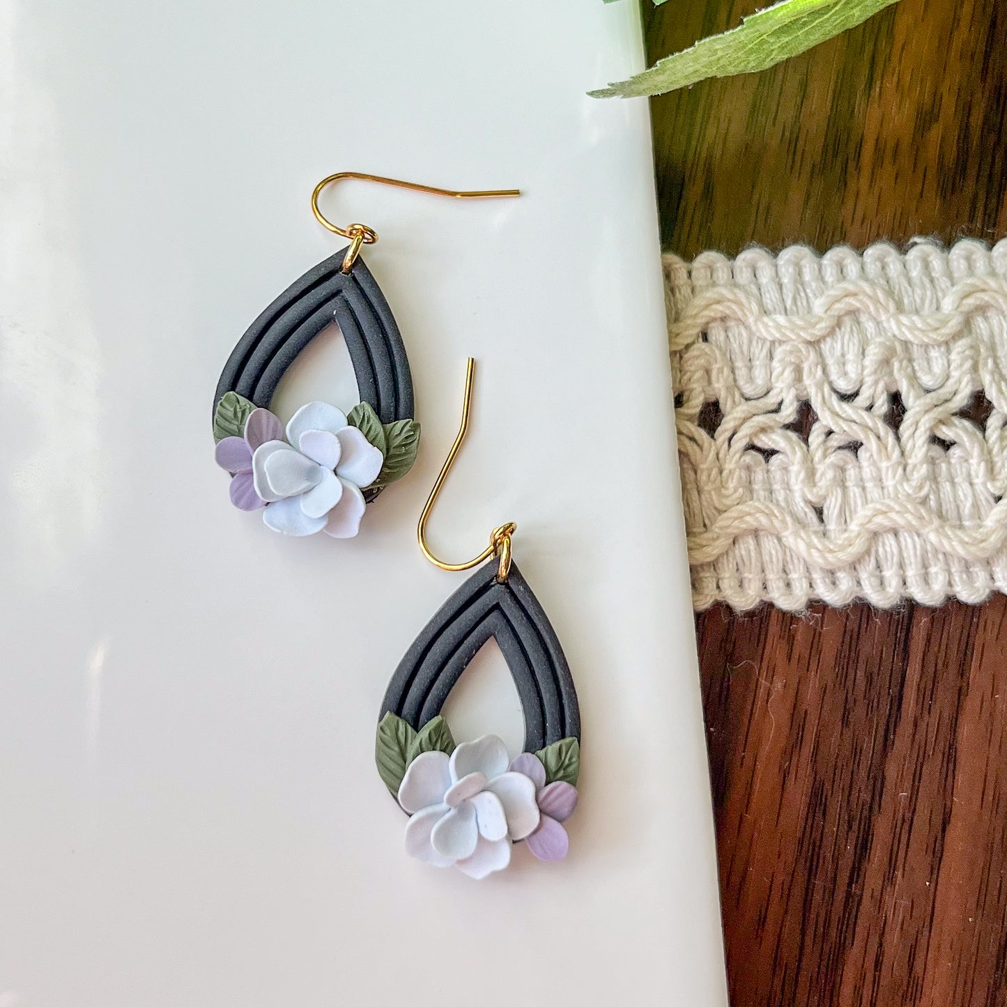 Black floral teardrop earrings | 18k gold plated