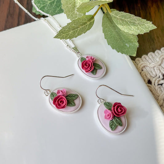 Small three rose jewelry set (earrings and/or necklace) | multiple metals