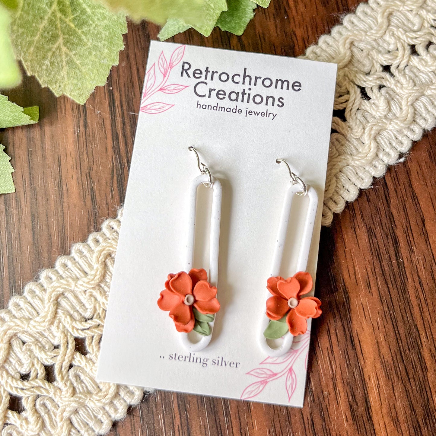 Orange floral oval earrings | sterling silver