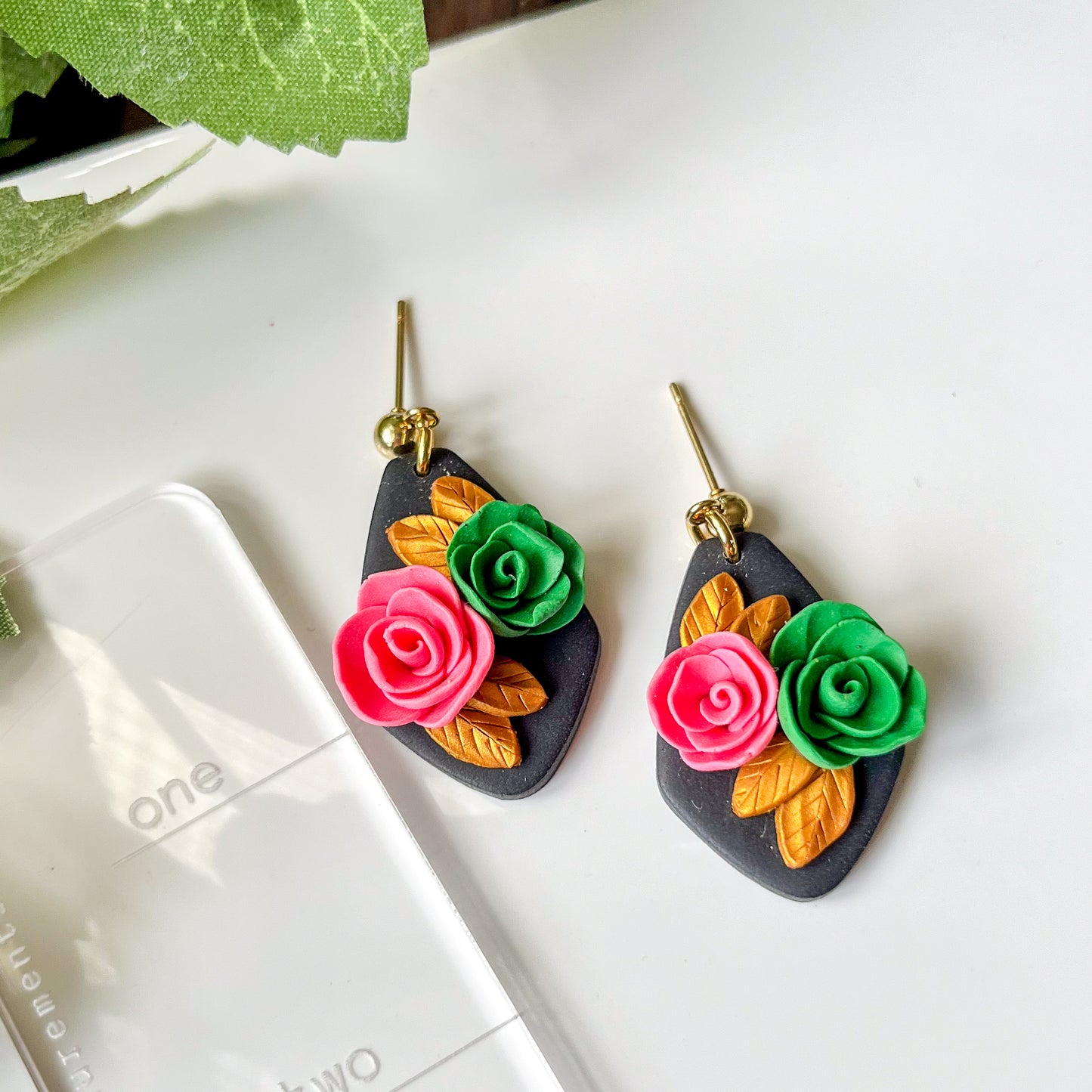 Pink and Green Rose earrings | 24k gold-plated