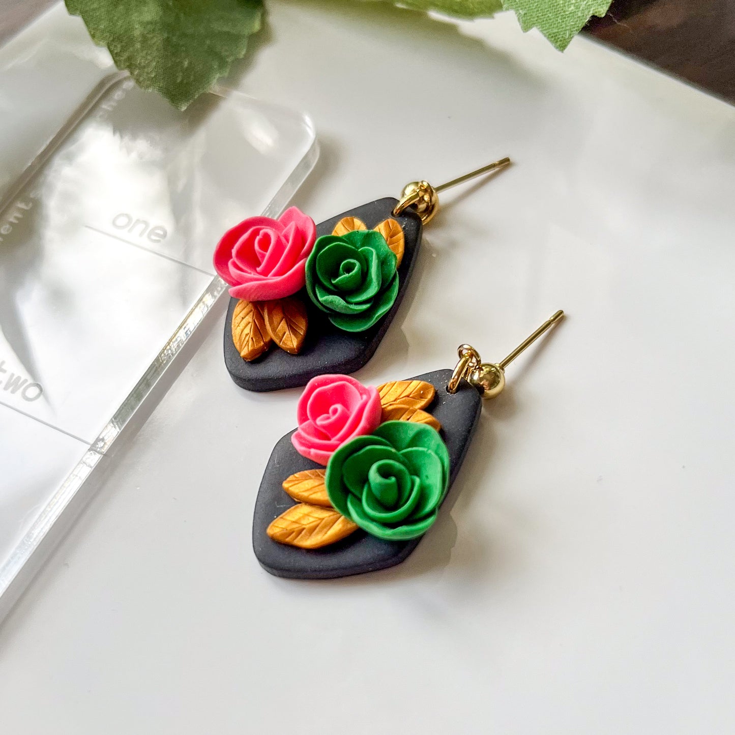 Pink and Green Rose earrings | 24k gold-plated