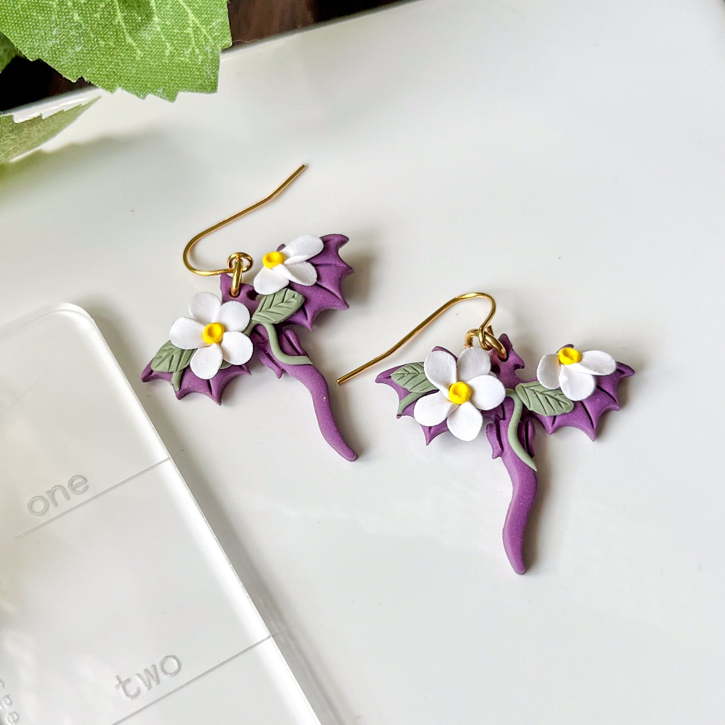 Purple dragon earrings (white flowers) | 18k gold plated