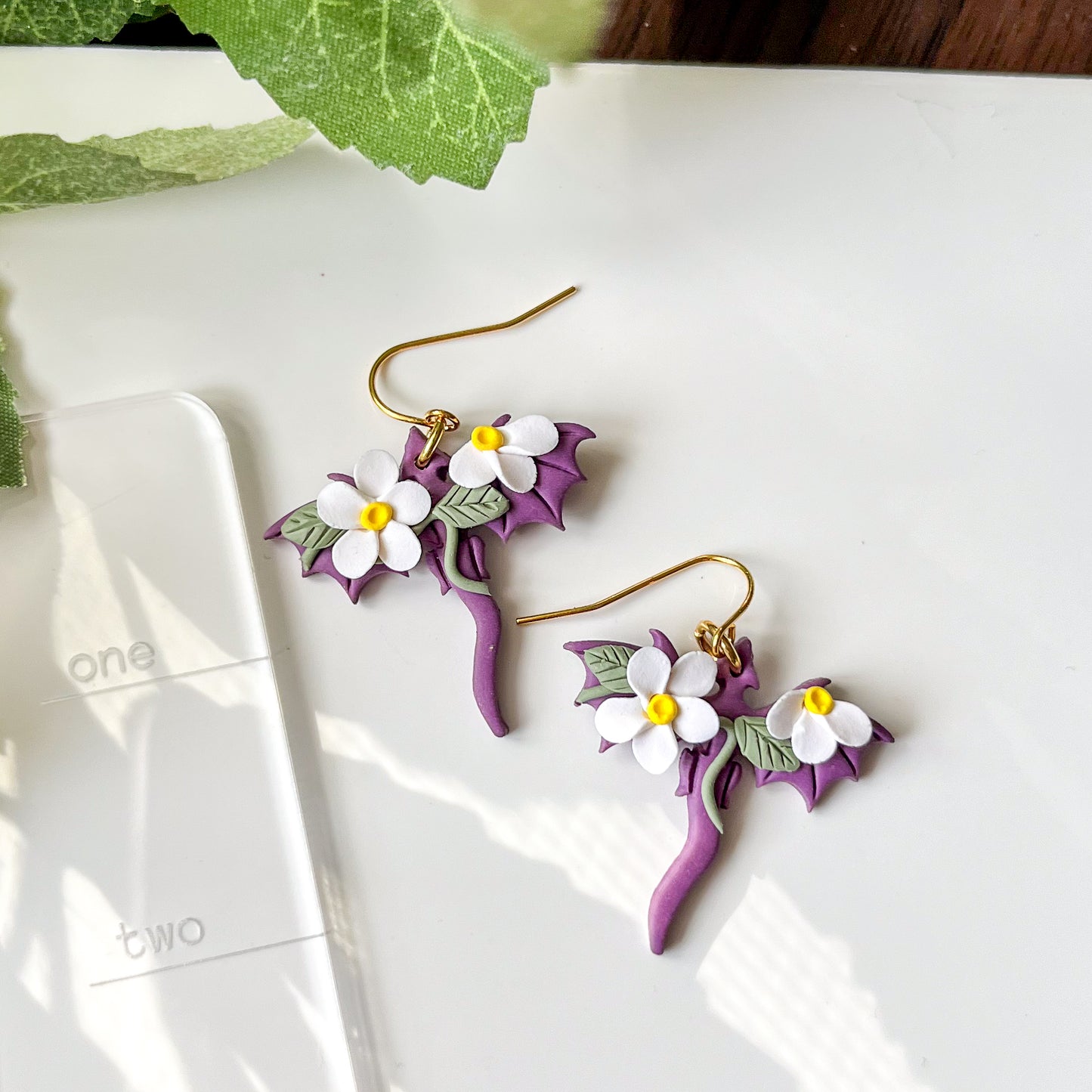 Purple dragon earrings (white flowers) | 18k gold plated