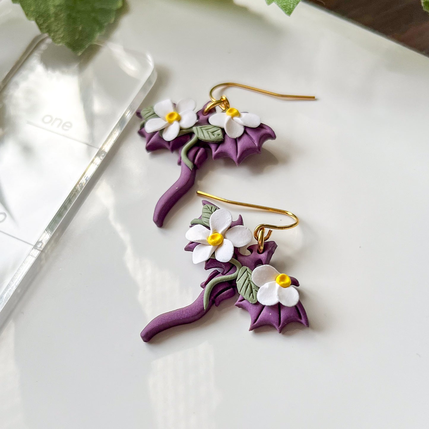 Purple dragon earrings (white flowers) | 18k gold plated