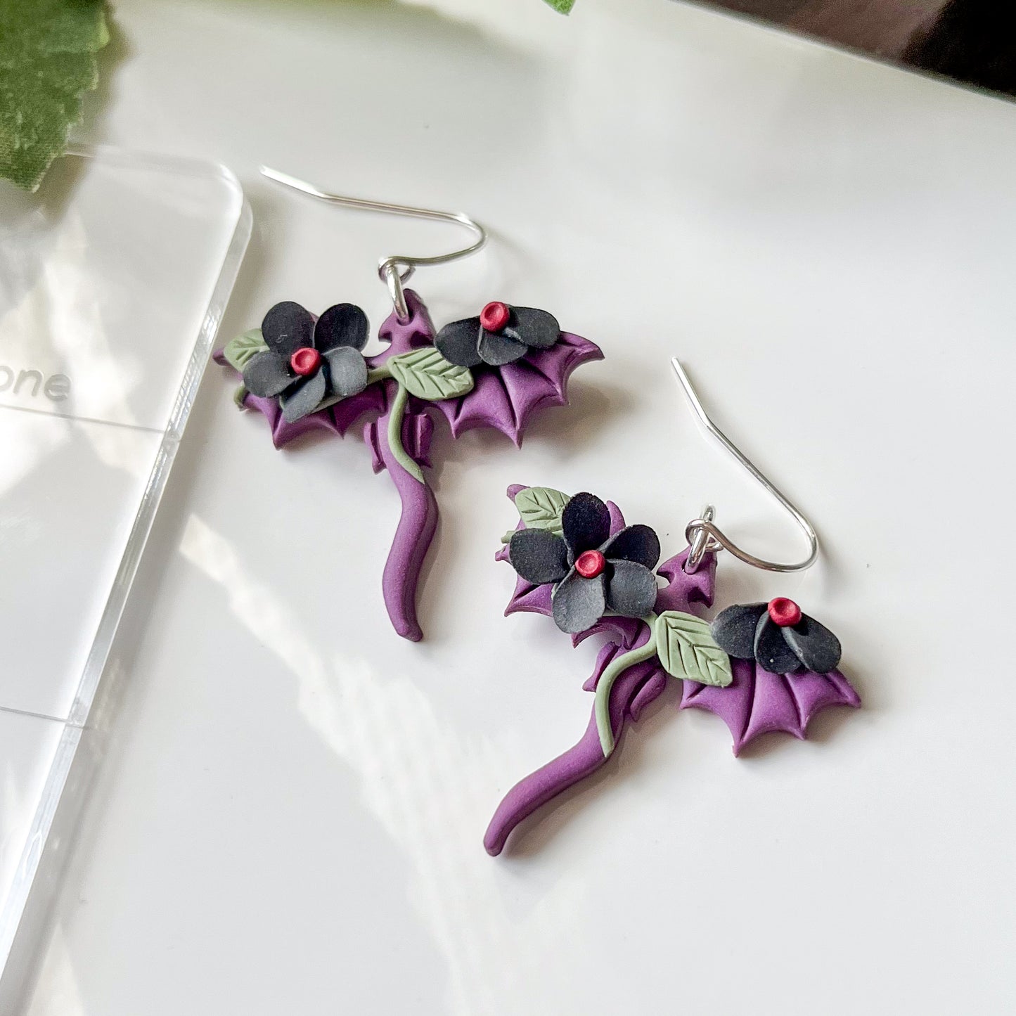 Purple dragon earrings (black flowers) | sterling silver