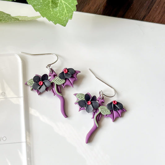 Purple dragon earrings (black flowers) | sterling silver