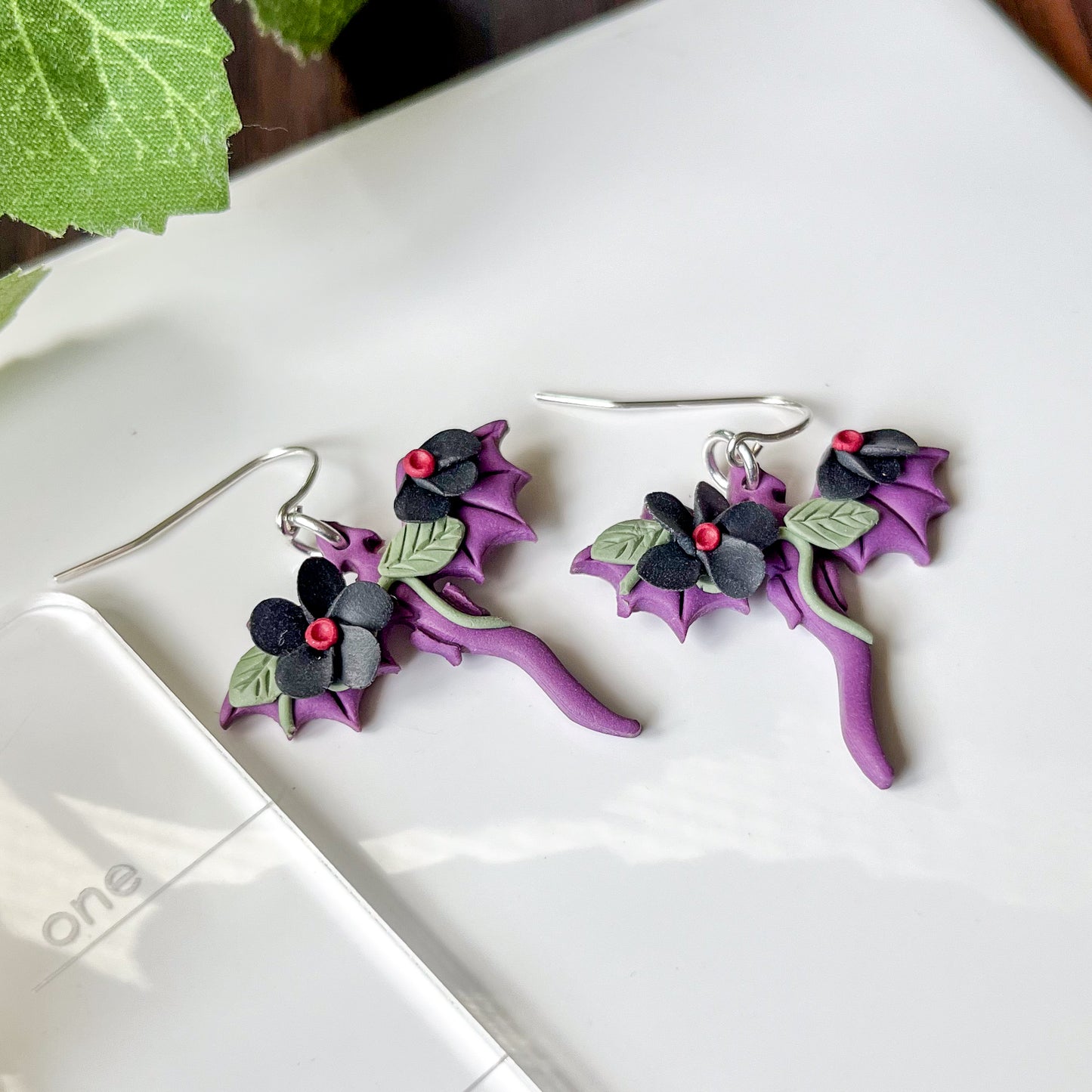 Purple dragon earrings (black flowers) | sterling silver