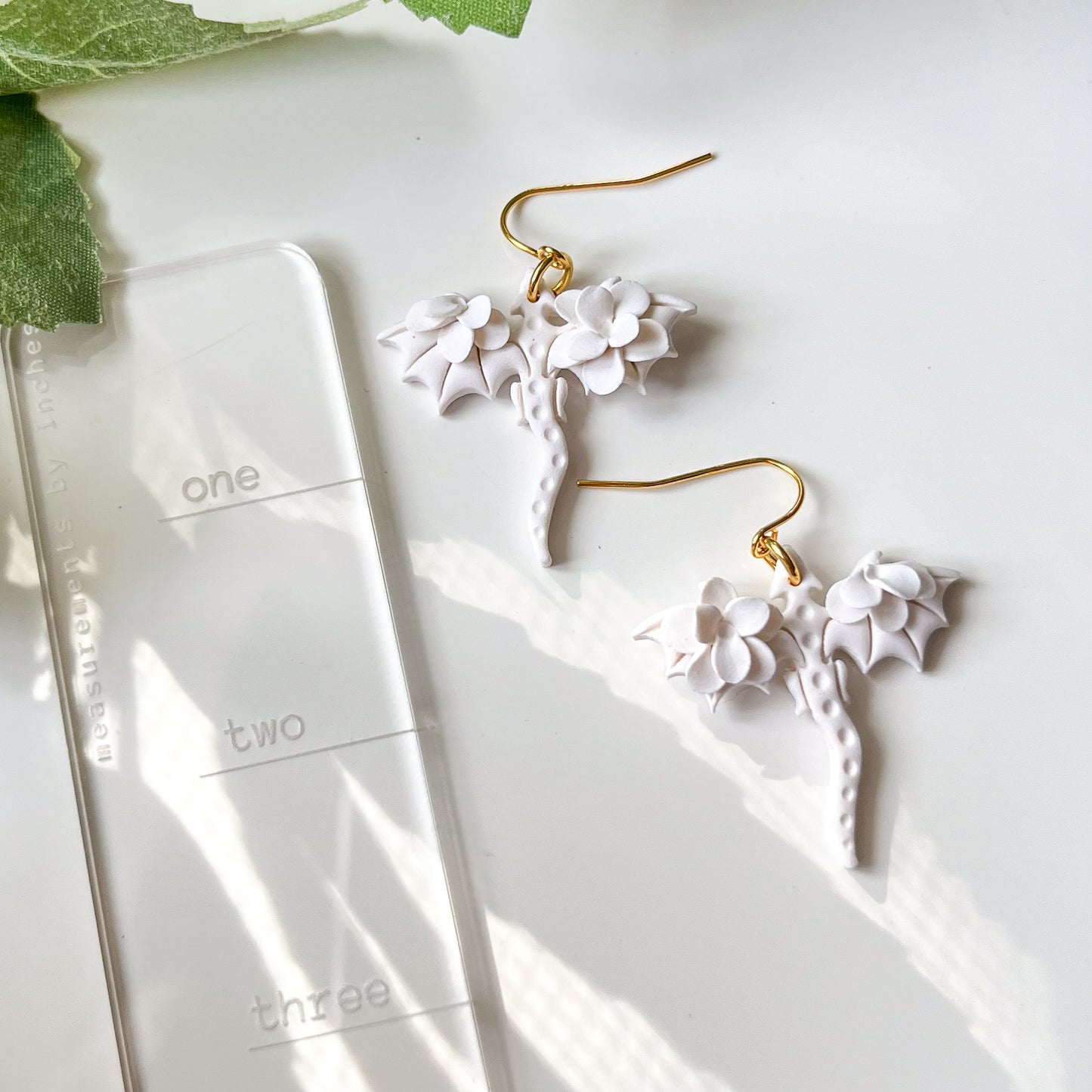 White monochrome dragon earrings | 18k gold plated