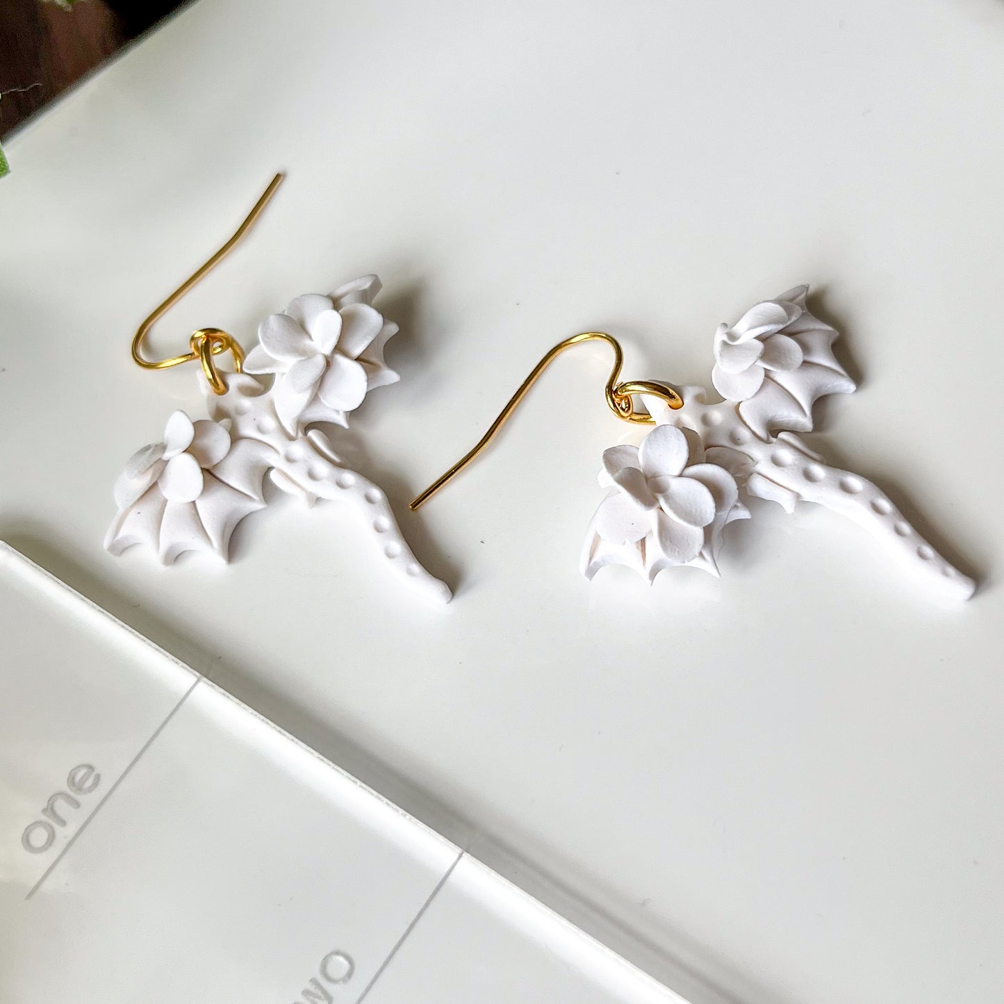 White monochrome dragon earrings | 18k gold plated