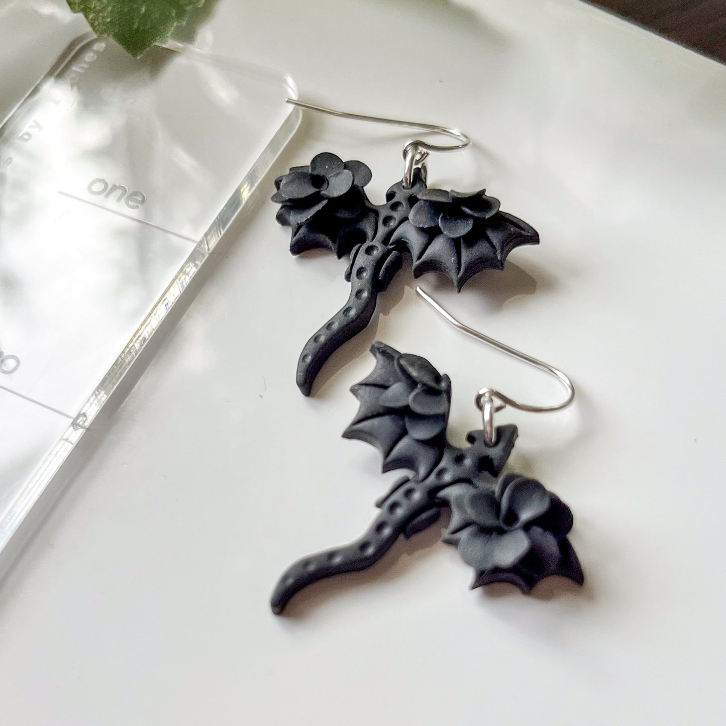 Black monochrome dragon earrings | sterling silver