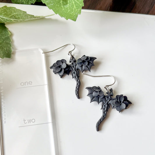 Black monochrome dragon earrings | sterling silver