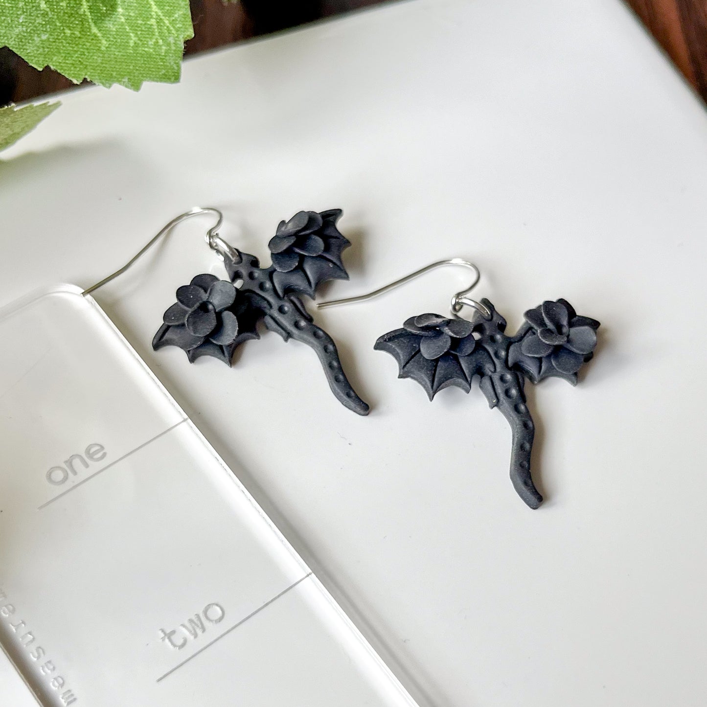 Black monochrome dragon earrings | sterling silver