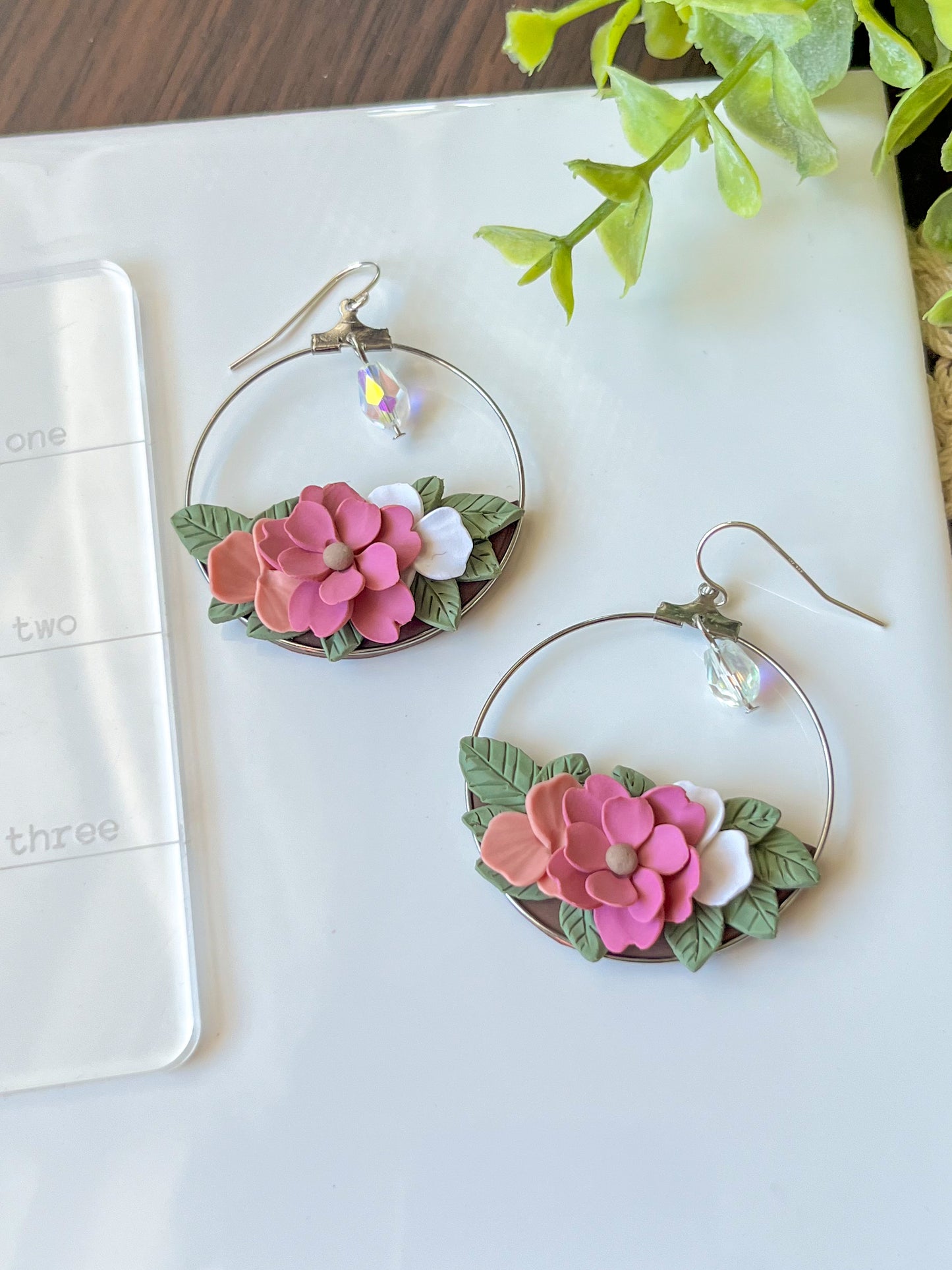 Pink floral hoop earrings | sterling silver