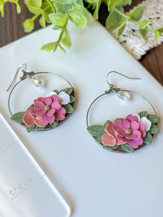 Pink floral hoop earrings | sterling silver